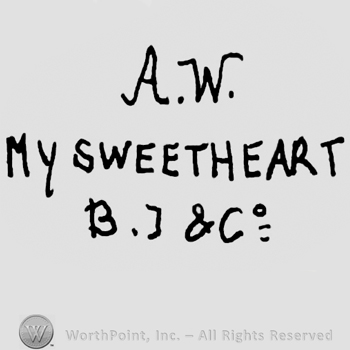 Uppercase A.W. over My Sweetheart written with uppercase letters, uppercase B.J. 7 Co written below