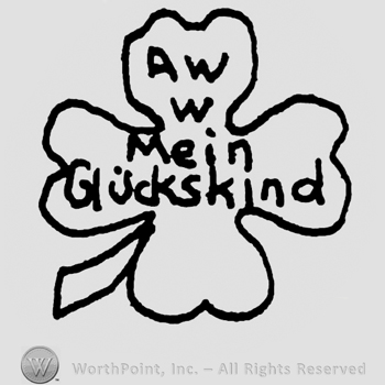 Uppercase AW over uppercase W, Mein Gluckskind written with lowercase letters, all inside a three-leaf clover