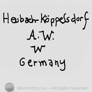 Heubach-Koppelsdorf written with lowercase letters over uppercase AW and uppercase W below, Germany written with lowercase letters