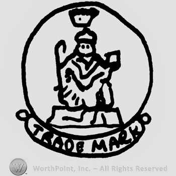 Man in a circle standing on a chair, stylized crown on his head, Trade Mark written below on a ribbon with uppercase letters