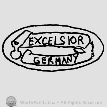 Excelsior Germany written with uppercase letters on a ribbon inside an oval-shaped design