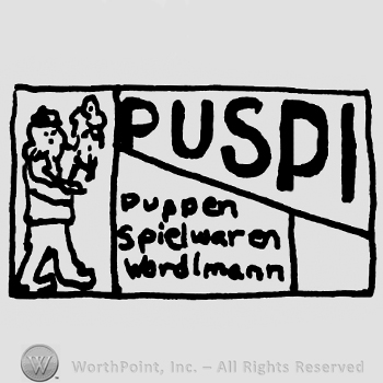 Puspi written with uppercase letters over Puppen Spielwaren Wordtmann written with lowercase letters, standing stylized puppet on the left, all inside a rectangle