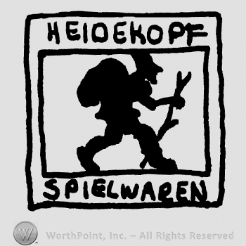 Heidekopf Spielwaren written with uppercase letters above and below a walking man with sack and stick, all inside a square