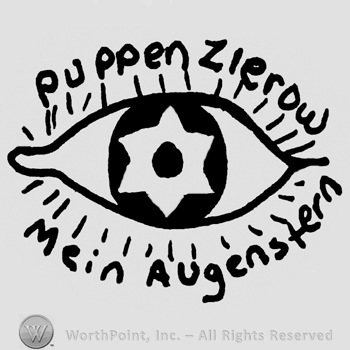 Puppen Zierow written with uppercase letters over a stylized eye with a star in the center, Mein Augenstern written below with lowercase letters