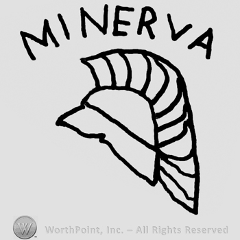 Minerva written with uppercase letters over a metal helmet