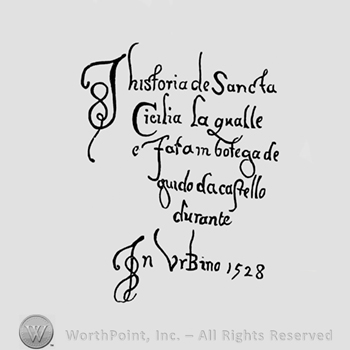 ,,Historia de Sancta  Cicilia La qualle e Fatam Botega de, Gundo da cafello durante,  Isn Vrbino 1528" written on six lines like a poetry.
