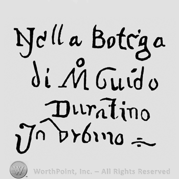 ,,Nella Botiga di M Guido Duratino In Urbino" written on four lines.