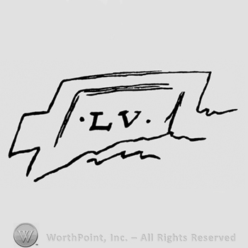 Letters LV written between dotts inside of a label