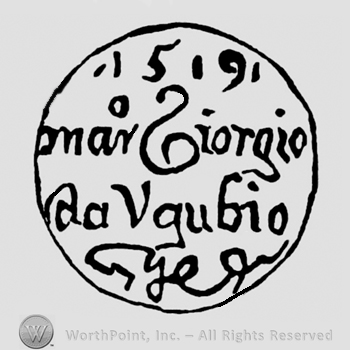 ,,1519 Mav Giorgio da Vagubio" written above something written undecipherable, all  inside a circle.