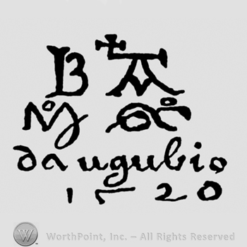 Letters BM written with a small cross attached by the letter M; ,,MG da ungulio 1520" written below.