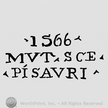 Year 1566 written above letters NVT SCE and PISAVRI.