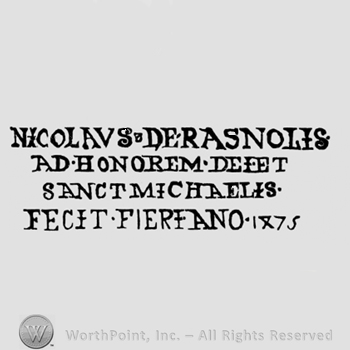 Nicolavs De Rasnolis written above Ad Honorem De Fet, written above Sanct Michaelis, Fecit Fieri Ano 1475, written below