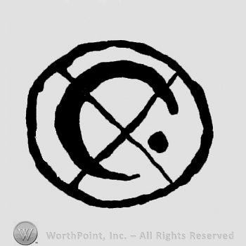 Letter X written over a crescent, all inside of a circle