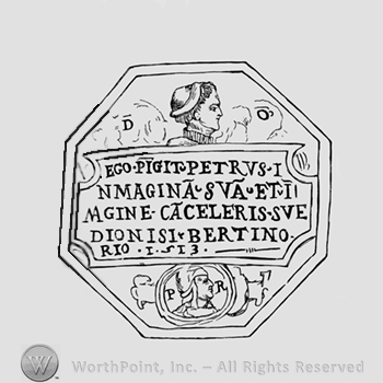 Woman's profile between letters D and O; EGO PIGIT PETRUS INIMAGINA SVA ET IMAGINE CA CELERIS SVE DIONISI BERTINO RIO 1513 below;a man's profile between letters P and R ; a hexagonal shape.