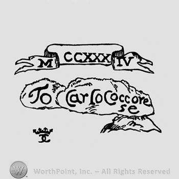 Roman number MMCCXXXIV written on a ribbon; To Carlo Coccorese written on frame looking like  clouds and  image of a crown with monogram of letters CC written bellow.