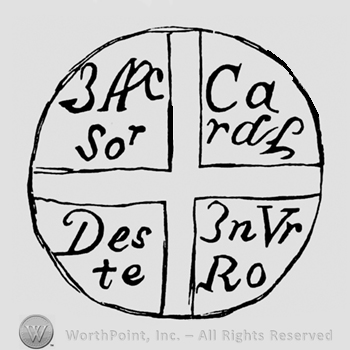 A circle split in four parts, with 3 APC Sor written in left side; Caral written on wright side; Deste written below on left side, IN Vro written below on wright side.