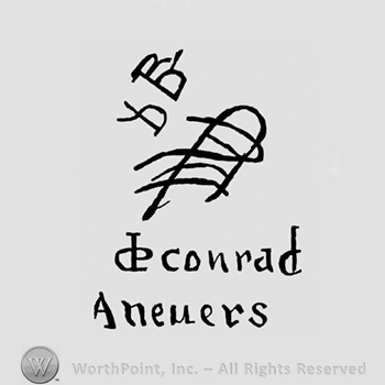 Double B and monogram of letters DP written above words ,,Conrad  A Nevers"
