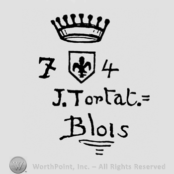 Crown above a shield with fleur-de-lis on it, 7 on it's left and 4 on it'right;  J. Tortat Blois written bellow.