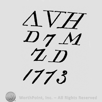 Letters AVH written above D7M  ZD and year 1773 written below