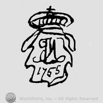 Letters ILA  joined in monogram, above  year 1755, all written on a crowned shield