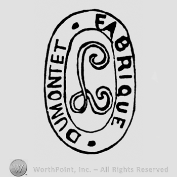 DUMONTET EA BRIQUE written on edge of an oval frame with an letter L written in the middle of it