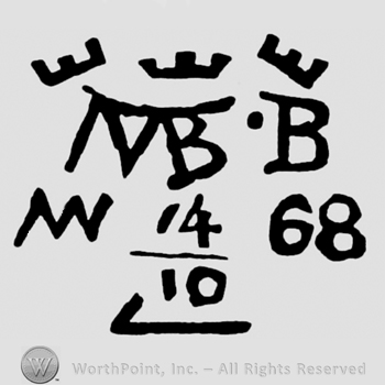 Image of three crowns above letters MB joined in monogram followed by letter B written above M 14 68