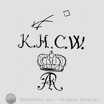 Image of two crossed swords above letters KHCW; AR written joined in monogram with a crown above