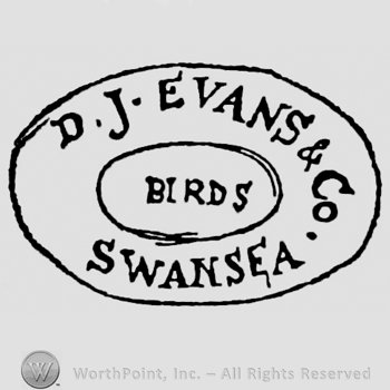Writings on oval panel. D.J. Evans & Co. above, Swansea below. Birds written in the centre
