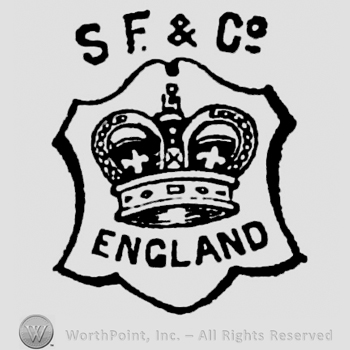 S.F. & Co. written above a frame containing a crown and inscription beneath: England