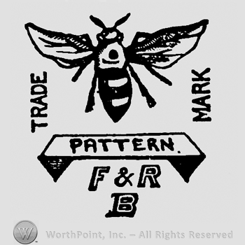 Image of a bee in the centre. Overturned Trade on the left, overturned Mark on the right. Pattern written on a rectangular frame. F & R  B written below on two rows