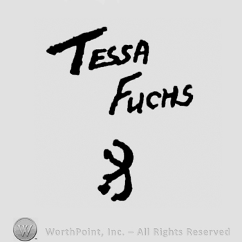 Tessa Fuchs hand lettered on two rows. Symbol of two curved broad lines crossed at the bottom of the first