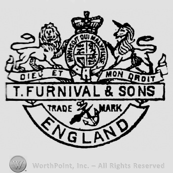 Crowned Royal Arm mark. Frame below with inscription: T. Furnival & Sons. Crossed sword and anchor between Trade and Mark. Curved frame below with inscription: England