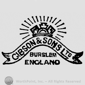 Glowing crown above ribbon with inscription: Gibson & Sons Ltd. Burslem England written below, on two rows
