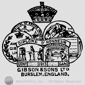 Crown above four circular panels and one rectangular panel with different designs on. Diplome d'Honneur written on a ribbon in the centre. Gibson & Sons Ltd Burslem England written below on two rows