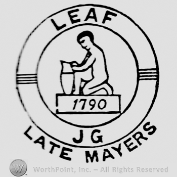 Design on circular panel. Man working on a pot, 1790 written on a frame below. Leaf capital written above, on the border. JG capital written below, on the border. Late Mayers written beneath