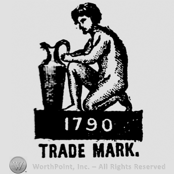 Man working on a pot. 1790 written below on a black frame. Trade Mark written on the bottom