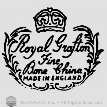 Crown above. Royal Grafton Fine Bone China italic written, Made in England capital written, surrounded by branches of laurels