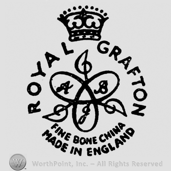 Crown above. Royal Grafton curved written below. Stylish Staffordshire Knot containing handwritten initials: A B J. Fine Bone China Made in England curved written below, on two rows