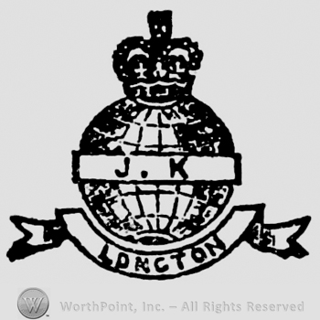 Crown above globe with white frame containing inscription: J.K. Ribbon below with inscription: Longton