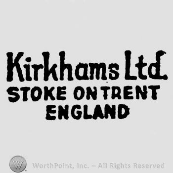 Capital writing with large font on top: Kirkham. Pottery Made in England written below, on two rows, inside black rectangular frame