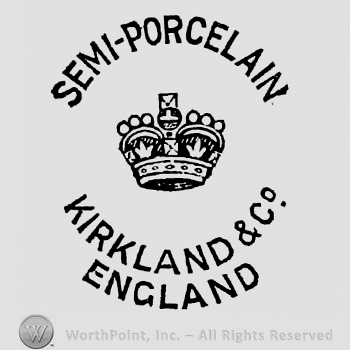 Semi-Porcelain curved written on top. Kirkland & Co England curved written on the bottom, on two rows. Crown in the centre