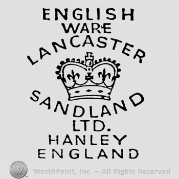 English Ware capital written on two rows, on top. Lancaster curved written above crown. Sandland curved written below. Ltd. Handley England capital written beneath on three rows
