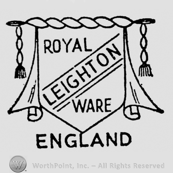 Opened curtain revealing a shield with inscription: Royal Leighton Ware. England capital written below