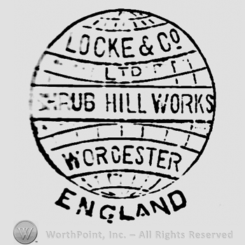 Globe with three white frames containing writings: Locke & Co above,  Shrub Hill Works in the middle, Worcester below. England beneath the globe