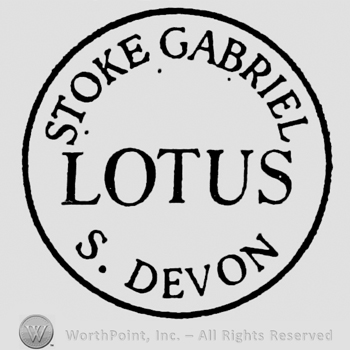 Writings inside circle: Stoke Gabriel curved above, S. Devon curved below, Lotus large written in the centre
