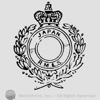Crown above circle containing Japan on the upper border, R.M.&S. on the bottom border. Circle surrounded by two branches of laurels