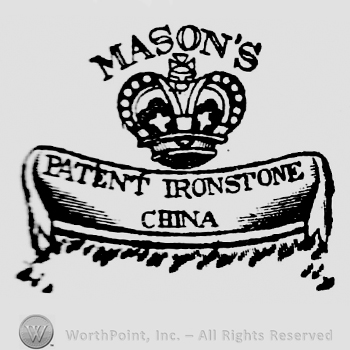 Mason's capital and curved written above crown. Patent Ironstone China written inside frame beneath