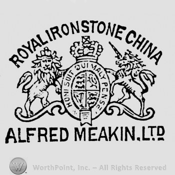 Royal Ironstone China curved written above Royal Arm mark. Alfred Meakin Ltd. capital written below