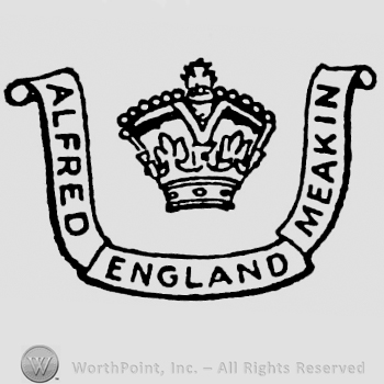 Crown above long ribbon with inscription: Alfred England Meakin