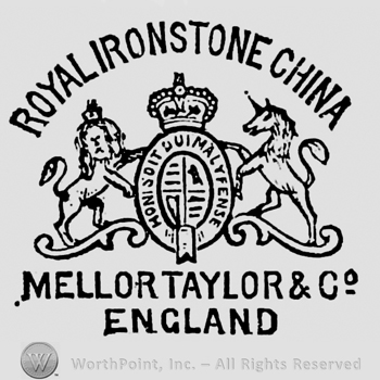 Royal Ironstone China curved written above Royal Arm mark. Mellor Taylor & Co England capital written below on two rows